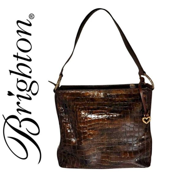 Brighton Brown Black Leather Snakeskin Pattern Medium Large Shoulder Bag - Picture 1 of 15